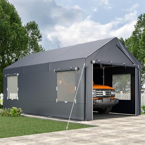 EROMMY Carport, 10' x 20' Heavy Duty Carport with Roll-up Windows,Portable Garage with Removable Sidewalls, Car Canopy with All-Season Tarp and Sandbags for Truck, Tractor, Boat, Gray EROMMY