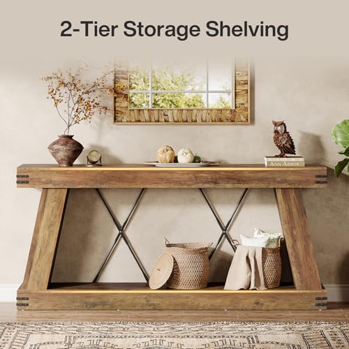 Tribesigns 70.9" Farmhouse Console Table, Long Sofa Table Behind Couch with Storage, Narrow Wooden Console Station, Industrial Rustic Entryway Furniture for Hallway, Entry, Living Room, Brown Tribesigns