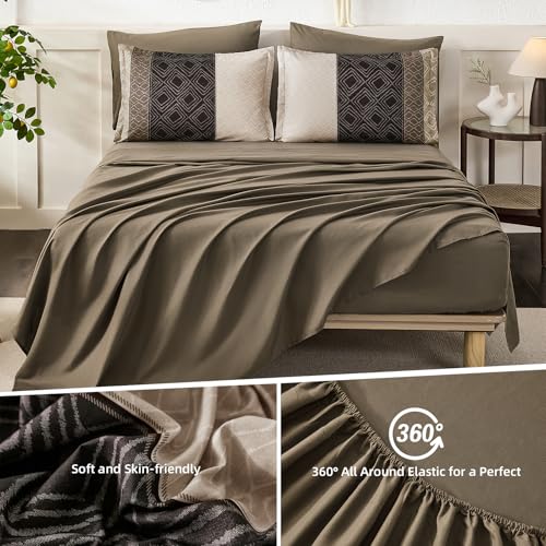 Dinjoy Light Brown King Size Comforter Set,Striped Boho Bed in a Bag King 7 Pieces Soft Fall Bedding Comforters Sets Microfiber Complete Bed Sets for All Season Dinjoy