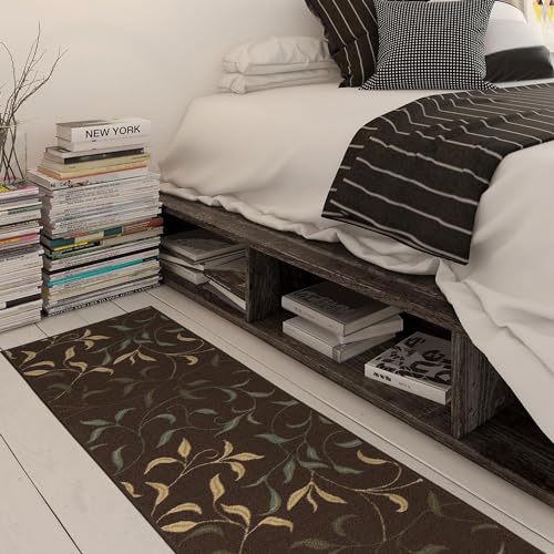 Machine Washable Leaves Design Non-Slip Rubberback 3x10 Traditional Runner Rug for Hallway, Kitchen, Bedroom, Living Room, 2'7" x 9'10", Brown Ottomanson