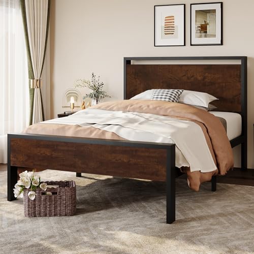 SHA CERLIN 14 Inch Twin Size Metal Platform Bed Frame with Wooden Headboard and Footboard, Mattress Foundation, No Box Spring Needed, Large Under Bed Storage, Heavy Duty Slats Support, Mahogany SHA CERLIN