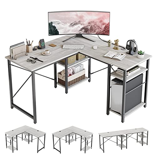 Bestier L Shaped Desk with Shelves 75 Inch Reversible Corner Computer Desk or 2 Person Long Table, Writing Study Desk for Home Office Small Space Bedroom Apartment, Wash White Bestier
