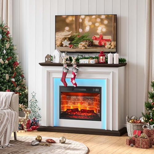44 Inches LED Lights Electric Fireplace with Mantel, Tall Fireplace Heater Freestanding, Delicate Three-Dimensional molding with Remote Control Timer LED Flame for Living Room, Bedroom, White&Brown BOSHIRO