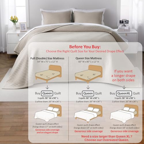 Queen Quilt Set – 90"x90" Soft Washed Lightweight Bedspread with Multi-Lock Quilting, Minimalist Nordic Bedding, All-Season Quilt for Spring, Summer & Fall (1 Quilt + 2 Pillow Shams), Oatmeal DAWNDIOR