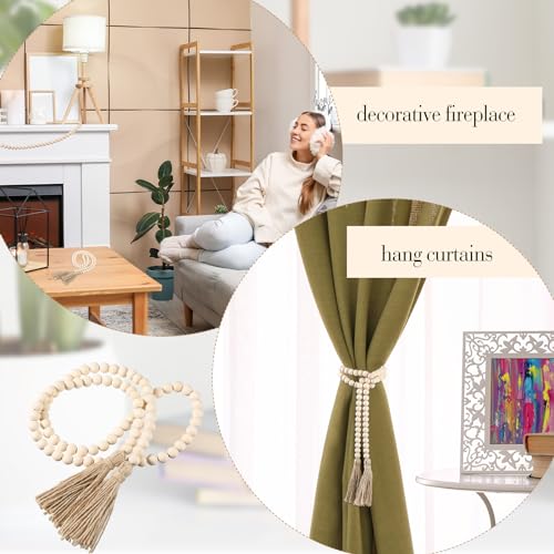 Geetery 6 Pcs Beads 58'' Wood Bead Garland with Tassels Rustic Country Decor Prayer Boho Beads Big Wall Hanging Decor Farmhouse Beads Versatile Prayer Beads for Home Wall Table Decor (White) Geetery