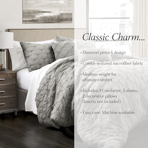 Lush Decor Ravello Pintuck Comforter Set - Luxe 5 Piece Textured Bedding Set - Traditional Glam & Farmhouse Inspired Bedroom Decor - King, Gray Lush Decor