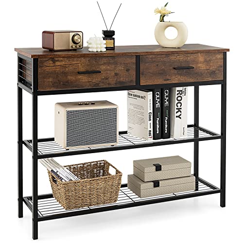 Giantex 39.5” Console Table with Storage Drawer - Entryway Table with 2 Drawers, 2-Tier Shelves, Anti-Toppling Design, Metal Frame, Sofa Side Table for Hallway, Living Room Entry Table (Brown) Giantex