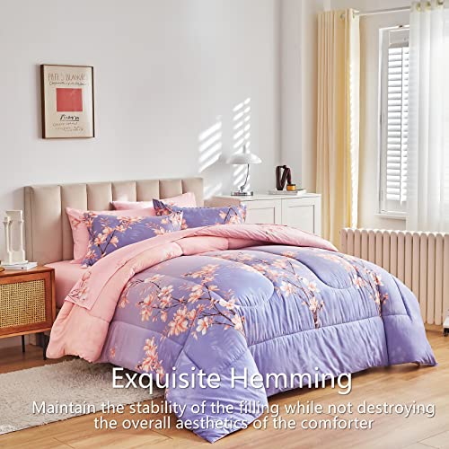 AIKASY Pink and Light Purple Queen Comforter Set with Sheets,Bed in a Bag 7-Pieces,Branches and Flowers Printing Design,Ultra Soft Down Alternative All Season Bedding Set(Queen,Blossom Stem) AIKASY