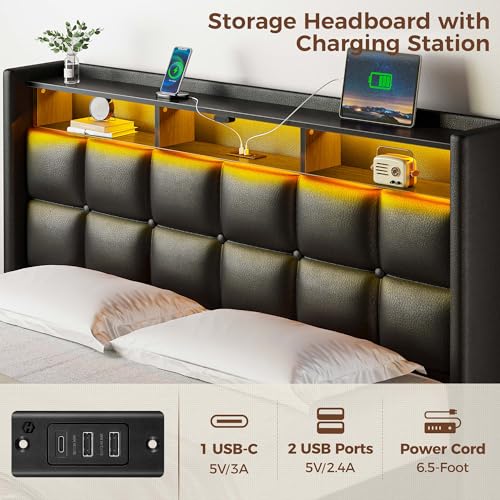 Rolanstar Bed Frame Twin Size with Lift Up Storage, Charging Station & LED Lights, Upholstered Storage Headboard, Heavy Duty Wooden Slats, No Box Spring Needed, Noise Free, Easy Assembly, Black Rolanstar