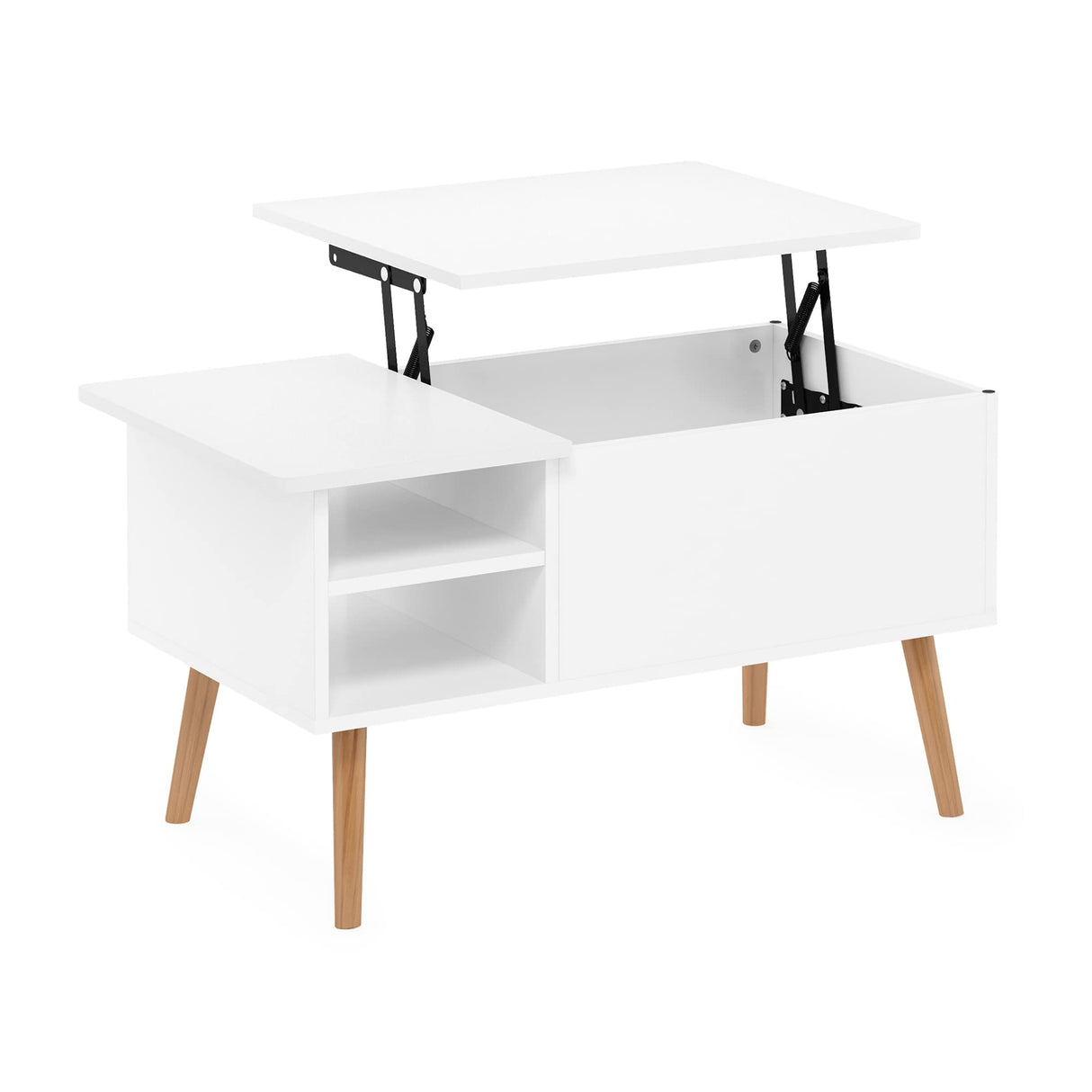 Furinno Jensen Living Room Wooden Leg Lift Top Coffee Table With Hidden Compartment and Side Open Storage Shelf, Solid White Furinno