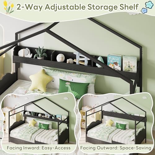 LIKIMIO Twin Bed Frame with 2 Storage Drawers, DIY House Bed with Bookshelf & Curved Headboard & Footboard, Twin Corner Bed Frames for Bedroom, No Box Spring Needed, Black LIKIMIO