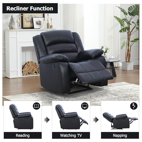 EBELLO Classic Manual Recliner Chair, Faux Leather Recliner Sofa with Overstuffed Arms and Back Single Reclining Couch for Living Room, Bedroom, Black