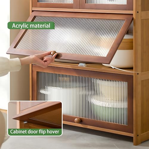 70" Bamboo Farmhouse Kitchen Pantry Cabinet with Acrylic Doors and Versatile Storage Solutions ouioyggk