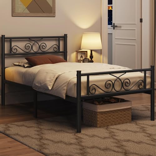Yaheetech Twin Bed Frames Metal Platform Bed with Headboard and Footboard No Box Spring Needed Easy Assembly,Under-Bed Space: 12.6''/Black/Twin Bed Yaheetech