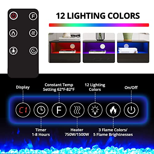 Cozy Castle Fireplace Tv Stand with 30”Electric Fireplace Up to 75" Tvs,LED High Gloss Modern Tv Stand for 65 70" Tv,Entertainment Center Tv Console with Storage,Charging Station for Living Room,Black Cozy Castle