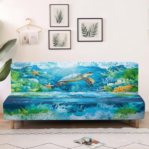 Txsniver Armless Sofa Slipcover Polyester Spandex Stretch Futon Cover, Dustproof Elastic Couch Cover Furniture Protector Machine Washable for Home, Dorm, Living, Turtle Print Txsniver