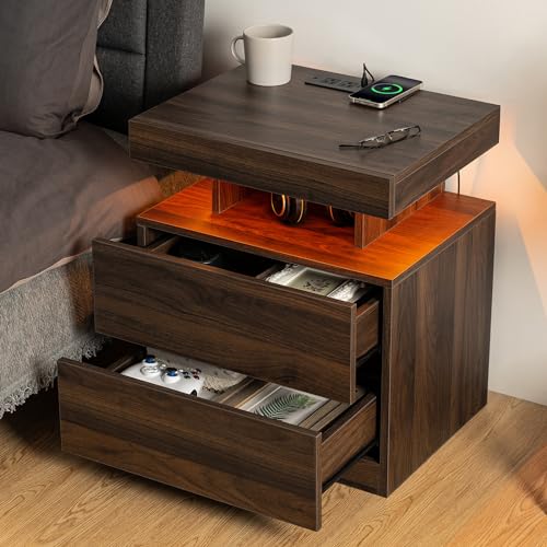 HOMMPA LED Nightstand with Wireless Charging Station & USB Ports High Gloss Bedside Table with LED Light RGB Adjustable Brightness Smart Nightstand 2 Drawers Night Stand for Bedroom Walnut HOMMPA