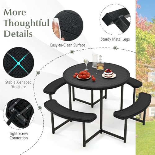 Giantex Picnic Table Bench Set for 4-8 Person, Round 37” Outdoor Dining Table w/Umbrella Hole, HDPE Tabletop, Metal Frame, Patio Furniture Set for Backyard Porch Lawn, 1400lb Capacity (Black,Round) Giantex