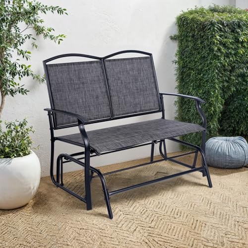 Backyard Expressions 2-Person Outdoor Glider Bench, Patio Double Swing Rocking Chair Loveseat w/Powder Coated Steel Frame for Backyard Garden Porch, Black Frame - Heathered Grey Sling Fabric BACKYARD EXPRESSIONS PATIO · HOME · GARDEN