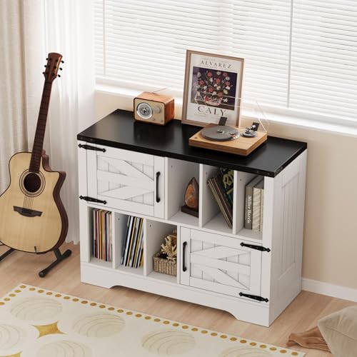 39" Large Record Player Stand with Vinyl Storage, Farmhouse Wood Vinyl Record Storage Cabinet with Barn Doors, Mid-Century Modern Turntable Stand for Living Room, White IDEALHOUSE