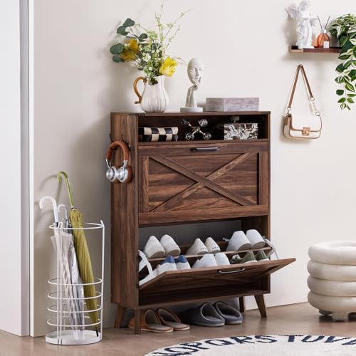 Joaxswe Shoe Storage Cabinet with 2 Flip Drawers, Farmhouse Shoes Organizer for Entryway, Narrow Hidden Shoe Rack with Legs & Open Storage, Freestanding Shoe Closet for Foyer, Hallway, Brown Walnut Joaxswe