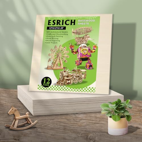 12 Pack Basswood Sheets 1/10x12x12 Inch for Crafts,Unfinished Wood for Laser Cutting & Engraving,Wood Burining,Plywood for Architectural Models. ESRICH