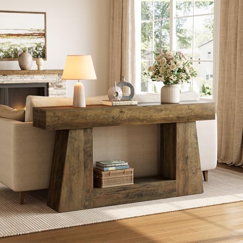 LITTLE TREE 63" Farmhouse Console Table with Storage, Rustic Sofa Table for Entryway, Narrow Long Sofa Table Behind Couch, Console Table for Living Room, Hallway—Versatile Storage Solution, Oak LITTLE TREE