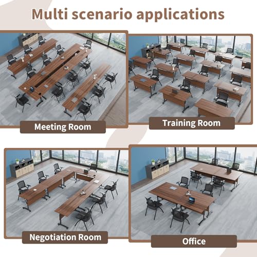 Folding Conference Table, Conference Room Tables for 6-12 Person, Modern Modular Training Table with 360° Silent Wheels, Large Mobile Foldable Seminar Meeting Tables for Office (6, Walnut, 47.2in) Jklmzpf