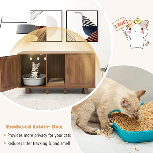 Tangkula Double Cat Litter Box Enclosure for 2 Cats, Large Stackable Hidden Privacy Cat Washroom Cabinet with Scratching Board, Indoor Cat House TV Stand Side Table, Litter Box Furniture (Brown) Tangkula
