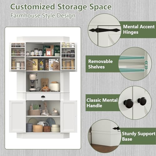 Corner Cabinet with Charging Station,73"Tall Kitchen Pantry Storage Cabinet with Drawer,Freestanding Kitchen Pantry Cabinets with Doors and Shelves,Farmhouse Food Hutch for Dining Room,Kitchens(White) Gyfimoie