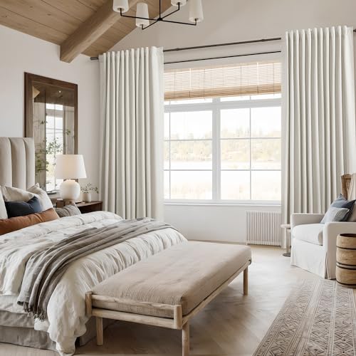 Cream Linen Blackout Curtains 108 Inch Length 2 Panels Set for Living Room Bedroom Back Tab Thermal Insulated 100% Black Out Linen Drapes Room Darkening Window Curtains 108 Inches Long Ivory Natural Guken