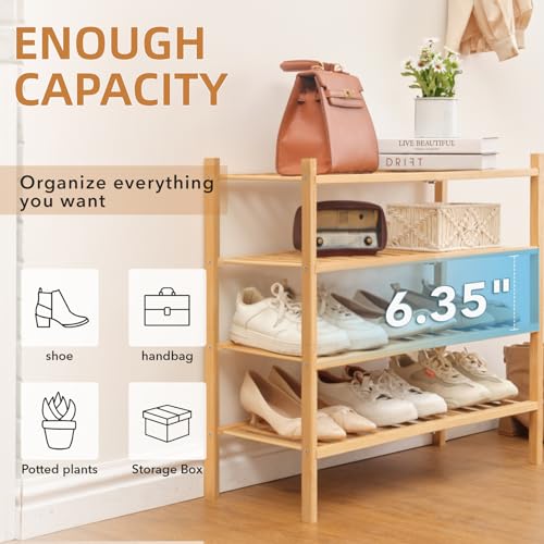 4 Tier Bamboo Shoe Rack Storage Organizer for Closet, Multifunctional Stackable Free Standing Shoe Shelf Organizer for Small Space,Entryway,Hallway,Bathroom 27"x11"x26"(Natural, 4 Tier) Buymoth