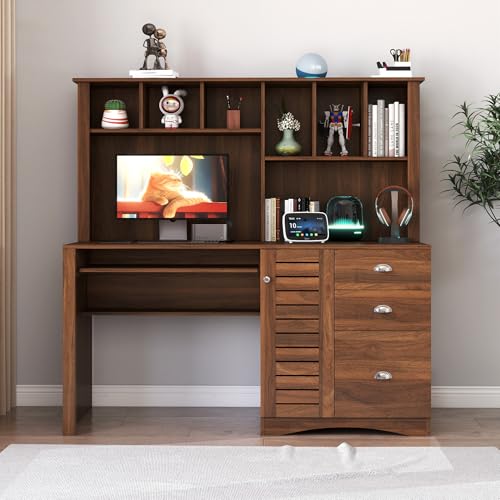 58" Vintage Desk with Hutch, Wood Home Office Executive Desk with Drawer, Printer Stand, Keyboard Tray, File Drawer, Storage Cabinet, Rustic Writing Computer Desk (Walnut, 57.68") HMYFGD