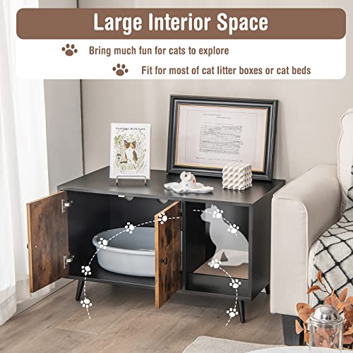 Tangkula Cat Litter Box Enclosure, Cat Washroom W/Divider, Scratching Pad, Metal Leg, Enclosed Cat Box Cabinet Pet House W/Double Doors, Litter Box Furniture Hidden for Large Cat (Rustic Brown) Tangkula