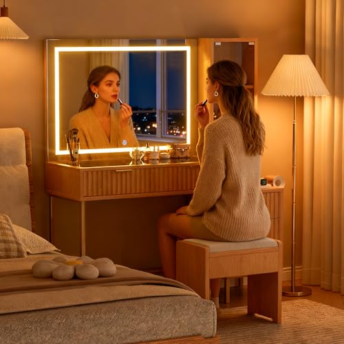 EOYUTLLY 48" Fluted Makeup Vanity Desk with 36" Mirror and Light,Glass Top Wooden Vanity Table with Charging Station,5 Drawers, 3 Adjustable Shelves & 3 Color Lighting Mode, Bedroom Dressing Table,Oak EOYUTLLY