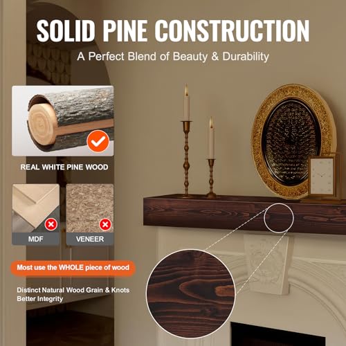VEVOR Fireplace Mantel, 60" x 8" x 6", 50 lbs Weight Capacity, Natural Wood Mantel for Over Fireplace, Wall Mounted Floating Farmhouse Shelf, Handcrafted Fireplace Mantel for Wall Decor, Rustic Brown VEVOR
