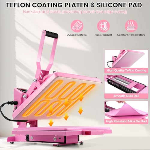 Whubefy Upgraded Heat Press 15x15 Slide Out, Industrial-Quality Digital Sublimation Heat Transfer Machine w/5 DTF Transfer Sheets, Clamshell Heat Press Machine for T-Shirts, Bags, Mouse Pads & More Whubefy