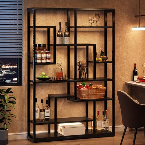 Tribesigns 47” Black 9-Tier Rustic Geometric Bookshelf – Industrial Wood and Metal Display Shelf for Living Room and Office Tribesigns