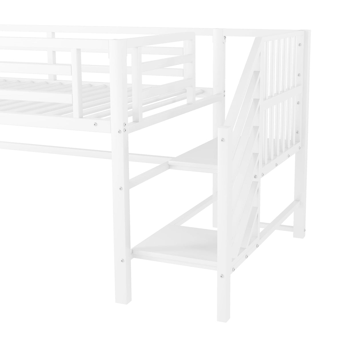 LUMISOL Twin Low Loft Bed with Stairs, Metal Loft Bed with Storage Cubby, No Noise, White LUMISOL