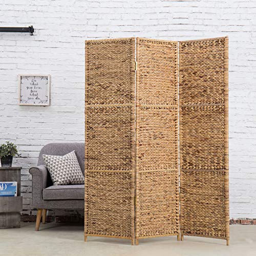 MyGift Handwoven Seagrass 3 Panel Room Divider Screen with Wood Frame, 6FT Folding Partition Room Divider, Brown 57.25''W x 70''H MyGift