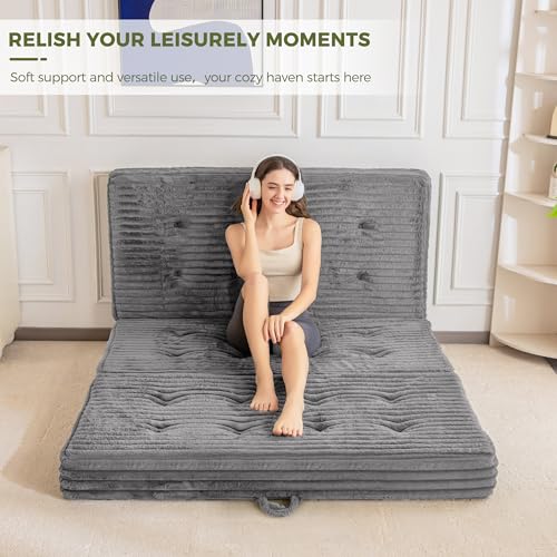 MAXYOYO Folding Mattress with Handles, 6 Inch Tri-Fold Mattress Floor Sofa Bed, Soft Faux Fur Folding Bed with Supportive Foam Filling, Portable Guest Couch for Sleeping, Full, Grey MAXYOYO