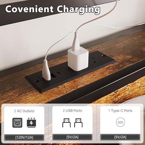 VINGLI Queen Bed Frame with 4 Storage Drawers and Headboard, Metal Platform Panel Bed with Charging Station and RGB LED Lights, No Box Spring Needed, Noise Free, Easy Assembly, Vintage Brown VINGLI