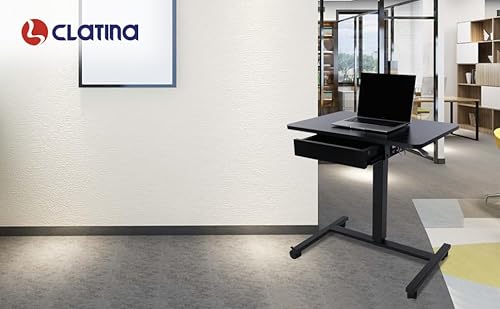 CLATINA Height Adjustable Work Table with Drawer Mobile Laptop Standing Desk Portable Small Teacher Podium with Lockable Wheels Cart Computer Overbed Table for Home Office Classroom Medical, Black CLATINA