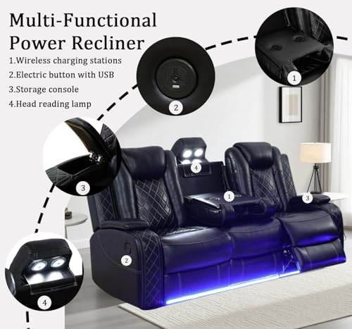SITYRUBE Power Leather Recliner Sofa Set with LED Lights, Power Reclining Couch Set,Leather Living Room Sofa 3 Pieces with Coffee Table/Cup Holder for House/Home Theater(Black,6 Seater)