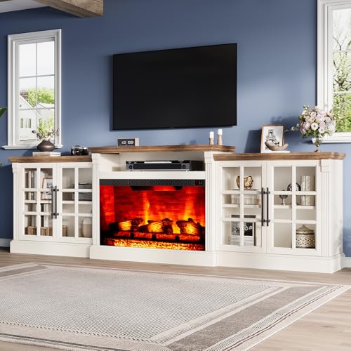 LUXOAK 97" Farmhouse TV Stand with 33" Fireplace for TVs up to 100", Media Entertainment Center with Large Storage Cabinet Adjustable Shelves for Living Room, White/Barnwood LUXOAK