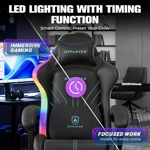 GTPLAYER Gaming Chair, Computer Chair with RGB LED Lights, High Back Ergonomic Chair for Adults with Footrest, Reclining Office Chairs, Linkage Armrest, Blue GTPLAYER
