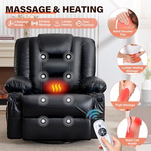MAHOMICO Swivel Rocker Recliner Chair with Vibration Massage and Heat for Living Room,with Rocking Function and Side Pocket, PU Leather USB Charge Port,2 Cup Holders