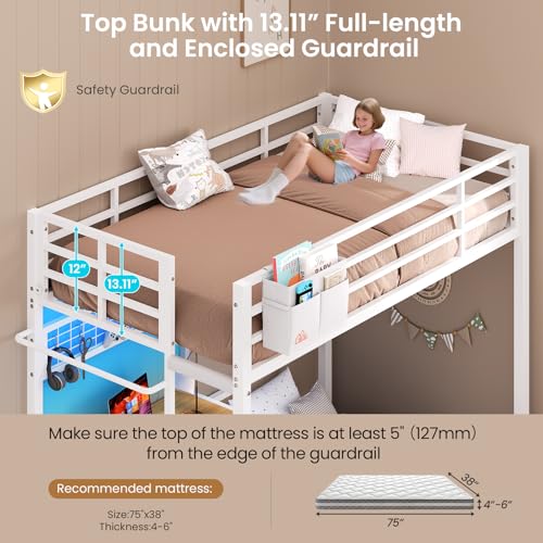 DICTAC Twin Over Twin Bunk Bed with Desk,Led Lights and Charging Station Metal L-Shaped Bunk Beds with Storage Drawers and Shelves, Loft Bed with Safety Guardrail and Ladder for Kids and Teen,White DICTAC