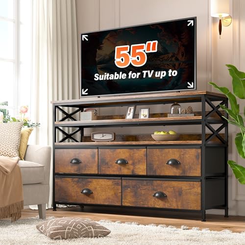 EnHomee Dresser TV Stand Entertainment Center with Fabric Drawers Media Console Table with Wood Open Shelves for 55" TV Storage Drawer Dresser for Bedroom, Living Room, Entryway, Rustic Brown EnHomee