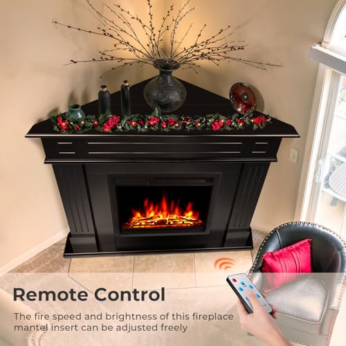 R.W.FLAME 43” Corner Electric Fireplace Mantel Wooden Surround Firebox, TV Stand with Freestanding Electric Fireplace, Remote Control, Adjustable Led Flame, 750W/1500W Black R.W.FLAME